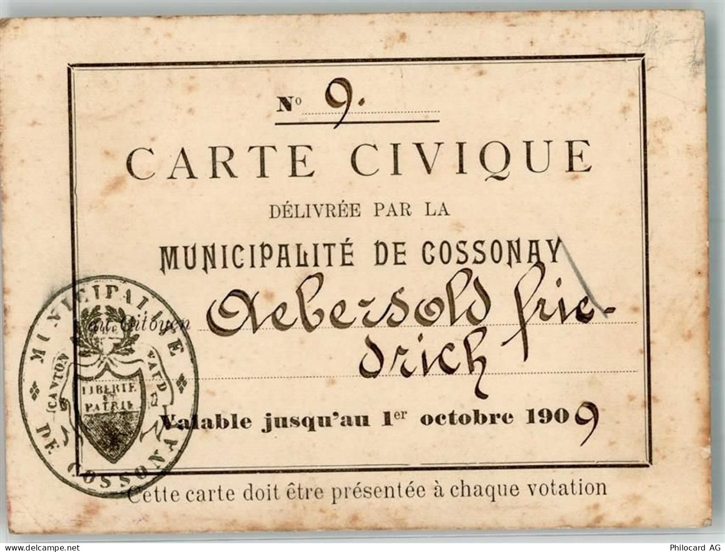 1304 Cossonay-Ville 1909 Gebrauchsspuren Bürgerkarte KEINE AK - 39701770