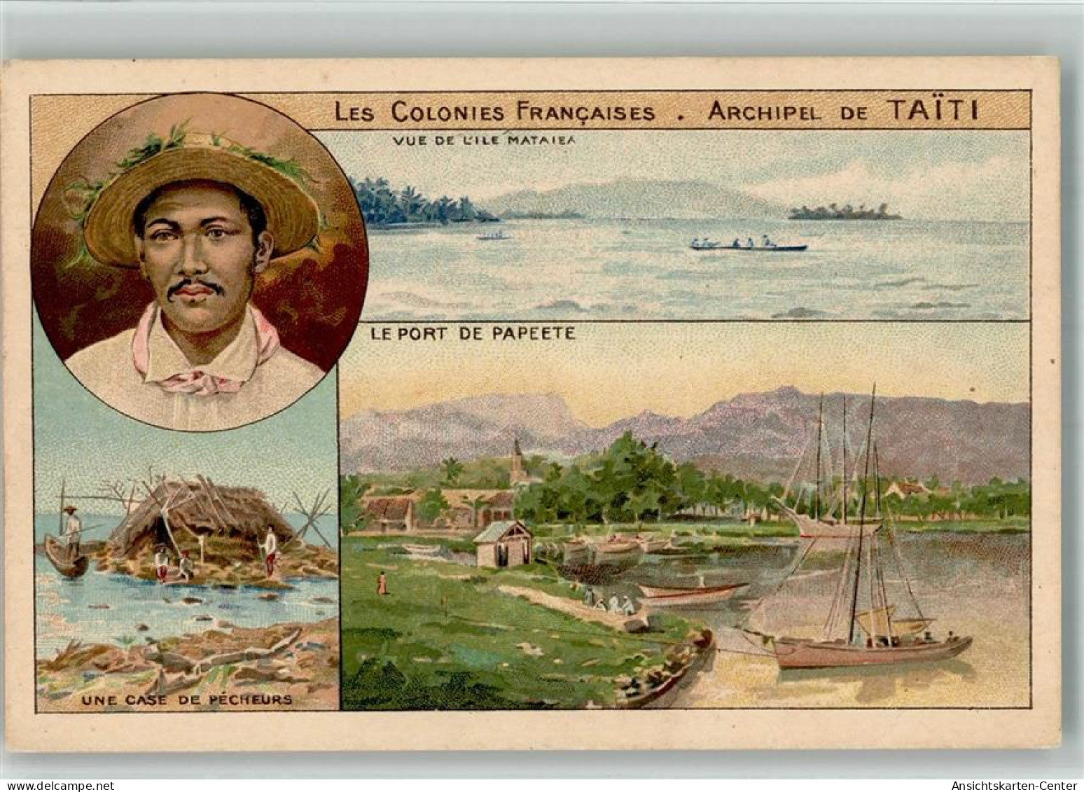 13703763 - Papeete Lile Mataiea Port Hafen Huette Lithographie Werbung Chocolats & The de la Cte Coloniale