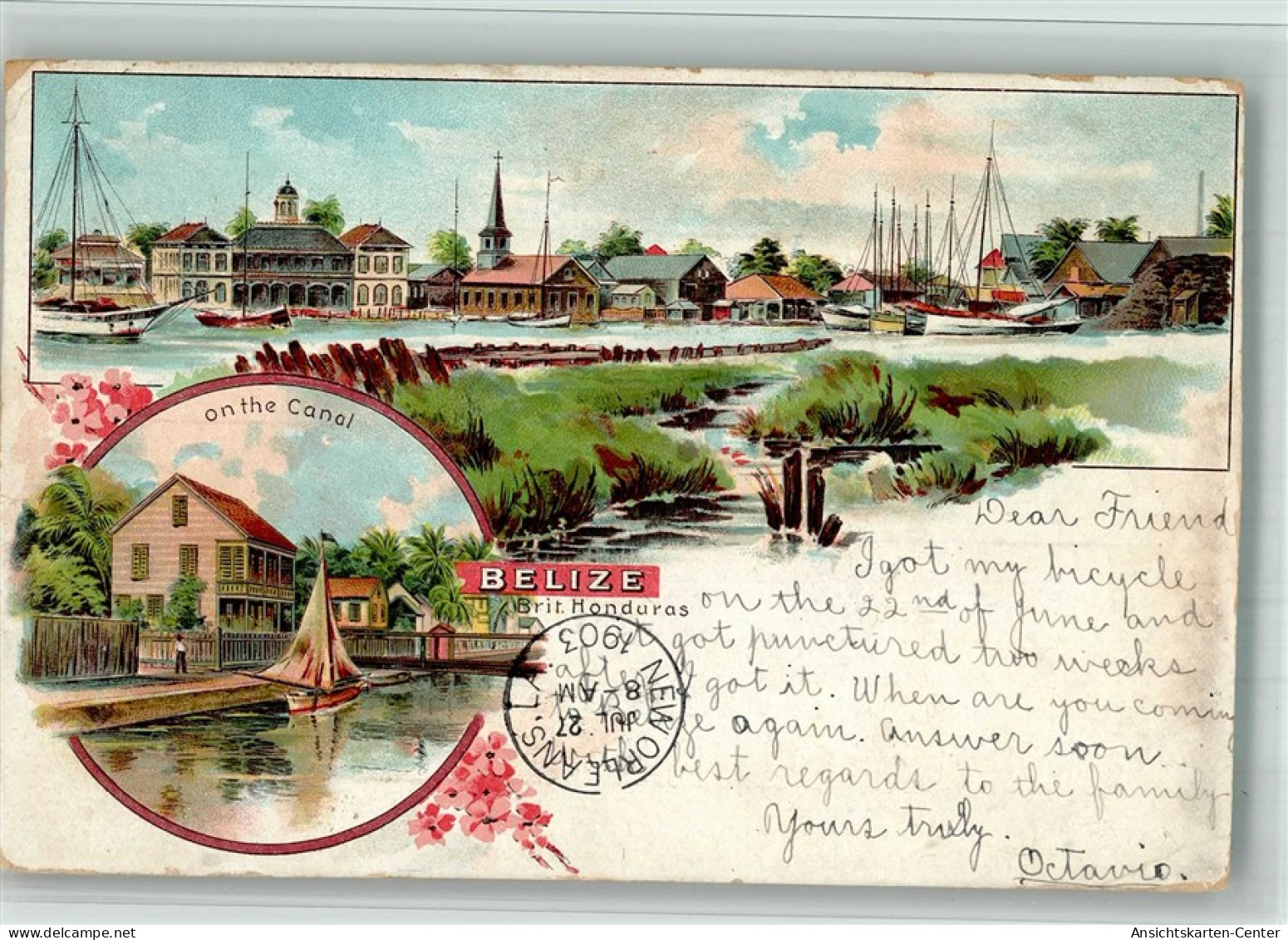 13719124 - Belize Belmopan Hafen on the Canal Lithographie