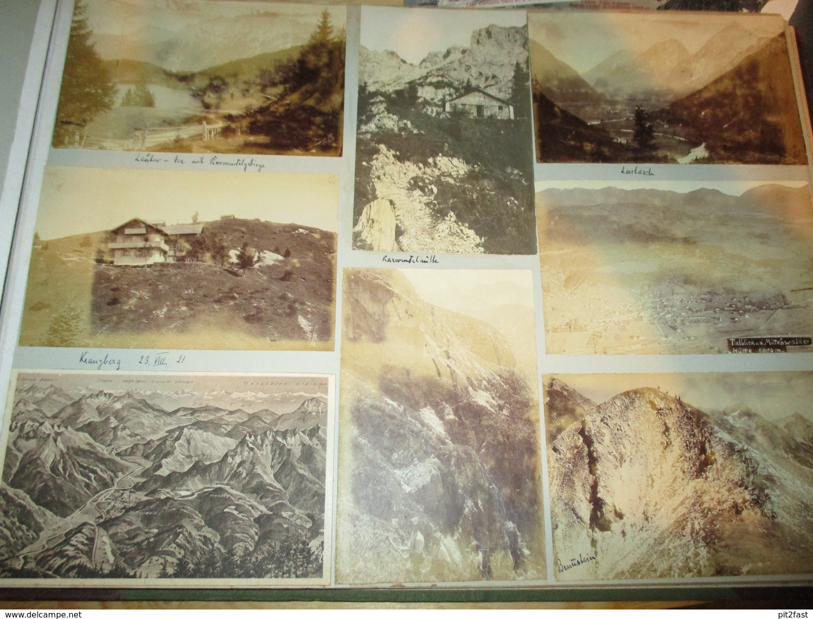 13x alte Ansichtskarten 1921 , Mittenwald , Lautersee , Kranzberg , Leutasch , Karwendelhütte , Albumseite , Album , AK