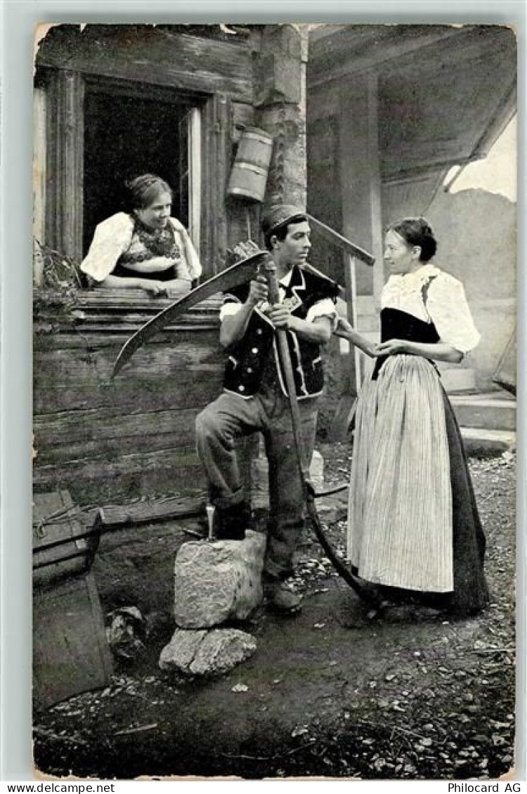 1462 Yvonand 1904 Gebrauchsspuren Senn mit 2 Trachtenmädchen Ort lt. Ste... - 10613659