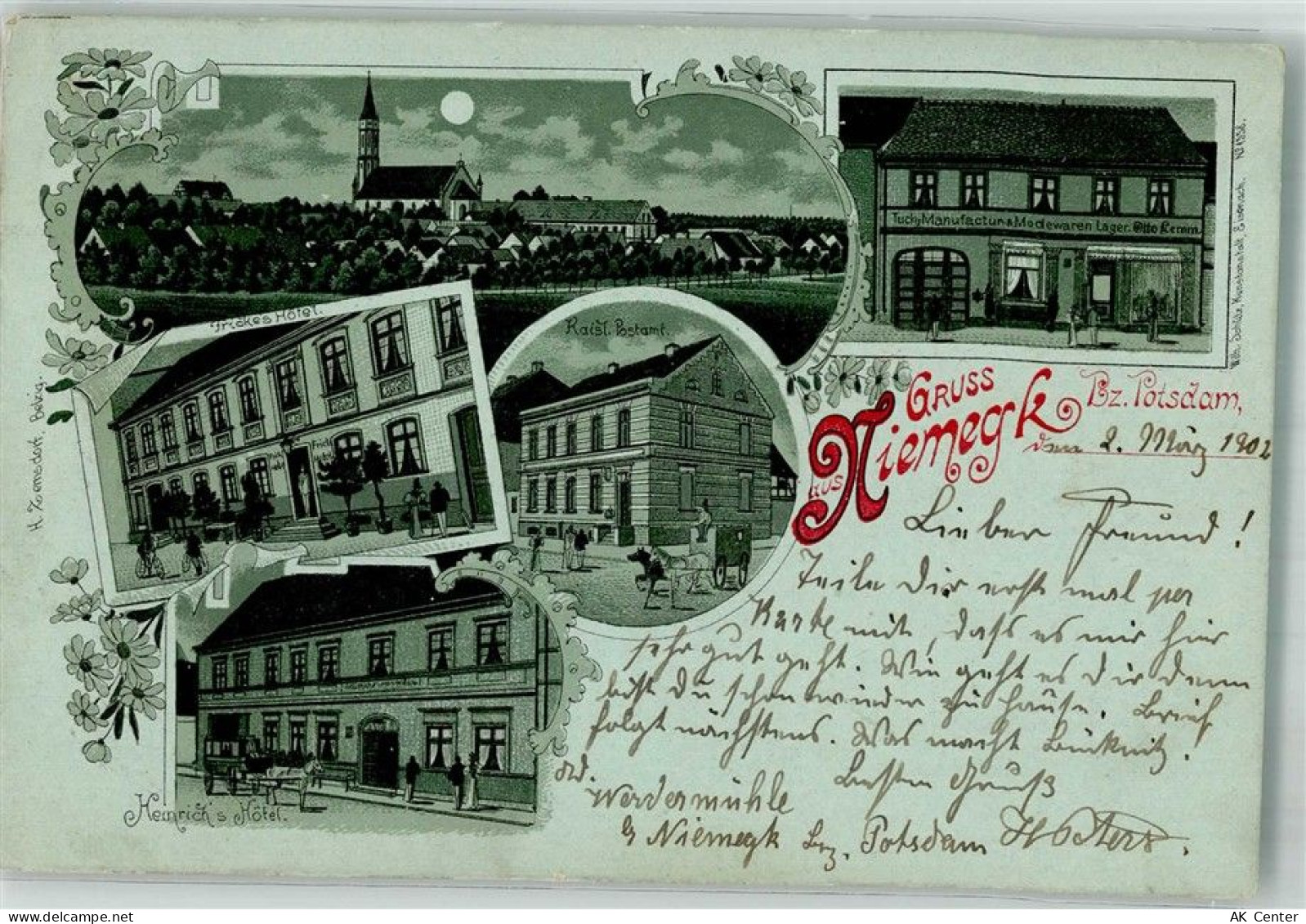14823 O1824 Niemegk 1902 Lithographie / Mondschein Hotel Fricke Hotel He... - 13668489