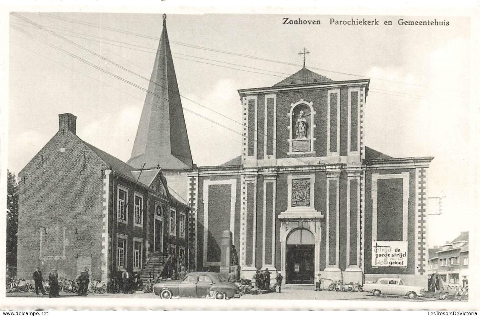 [-15%] BELGIQUE - Zonhoven - Parochiekerk en Gemeentehuis - Boekhandel  Daniëls-Bervoets  Dagbladen - Carte postale