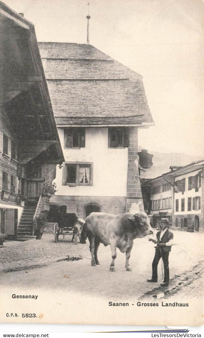 [-15%] SUISSE - Saanen - Gessenay - Grosses Landhaus - Maison - calèche - rue - Taureau - animé - CPN - Carte postale an