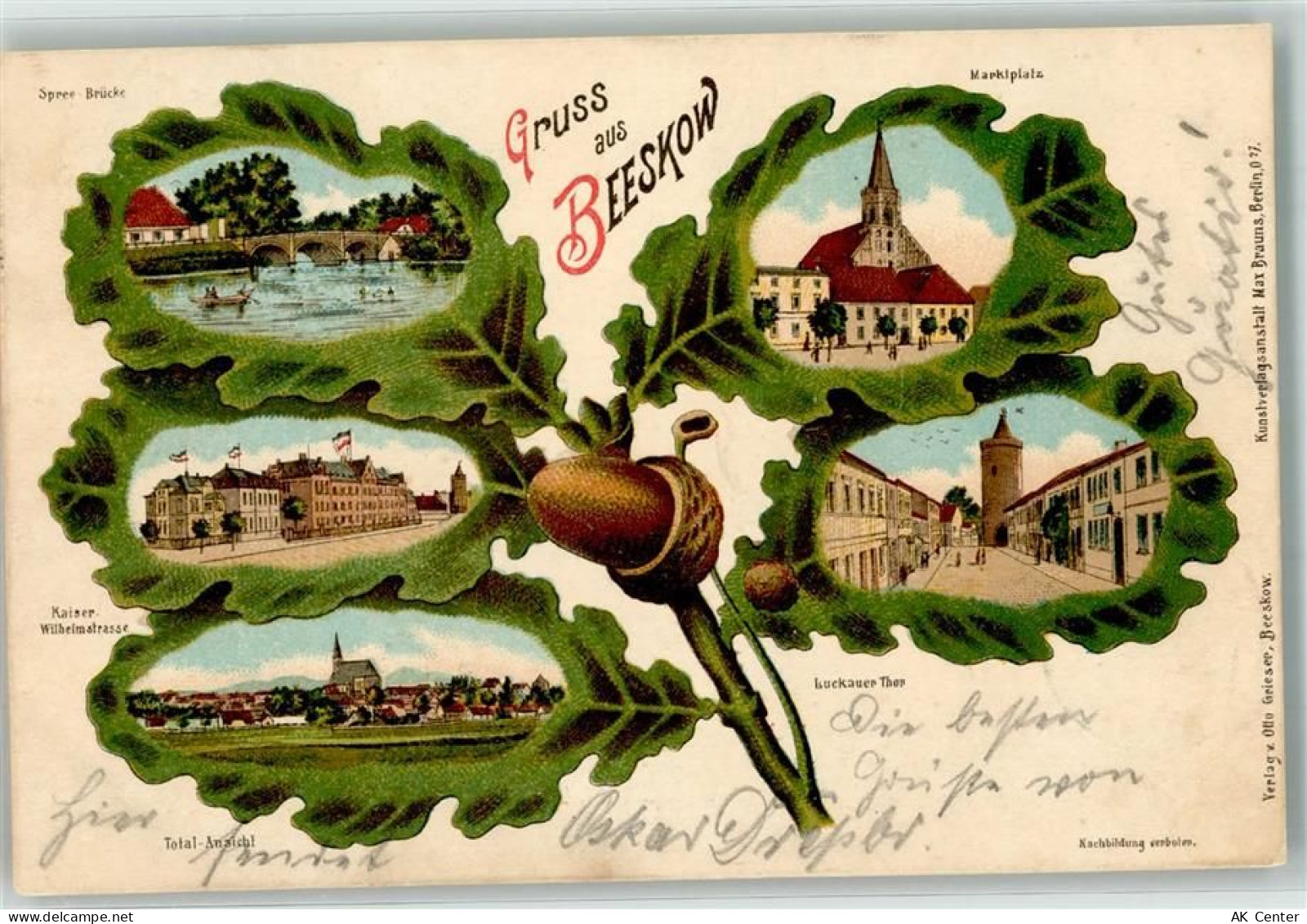 15848 O1230 Beeskow 1900 Lithographie Kaiser Wilhelmstraße Spree Brücke ... - 13635647