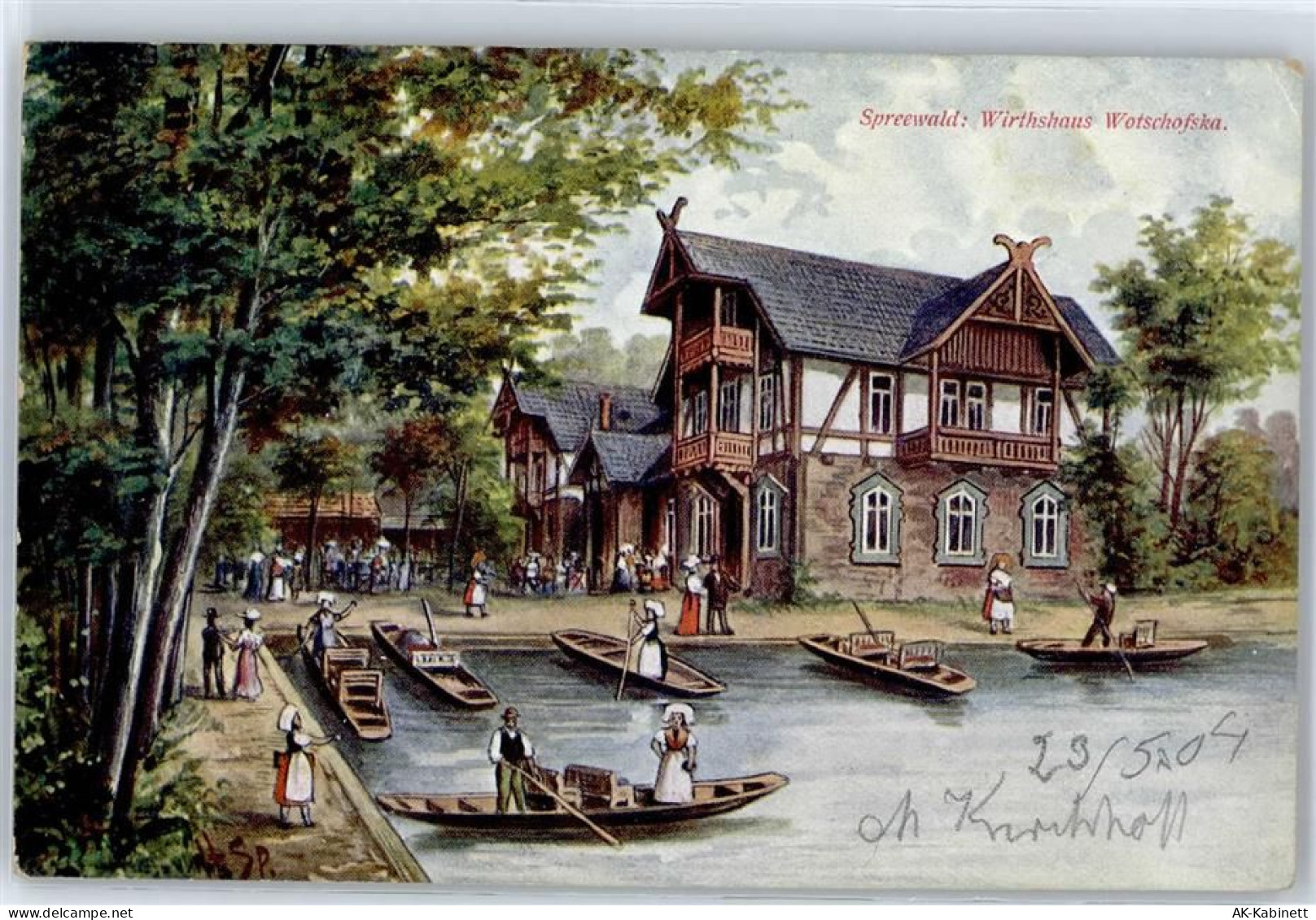 15907 O7550 Lübben - 1901, Künstlerkarte, Gasthaus Wotschofska, Kahnanle... - 51268936