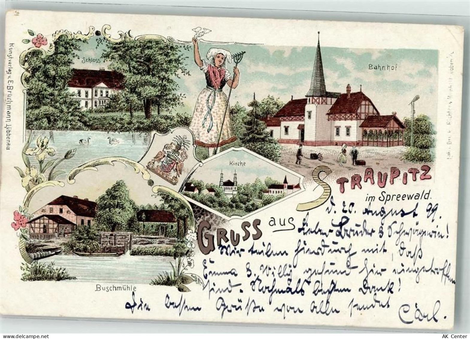 15913 O7551 Straupitz 1899 Lithographie Bäuerin Bahnhof Buschmühle Schlo... - 13632896
