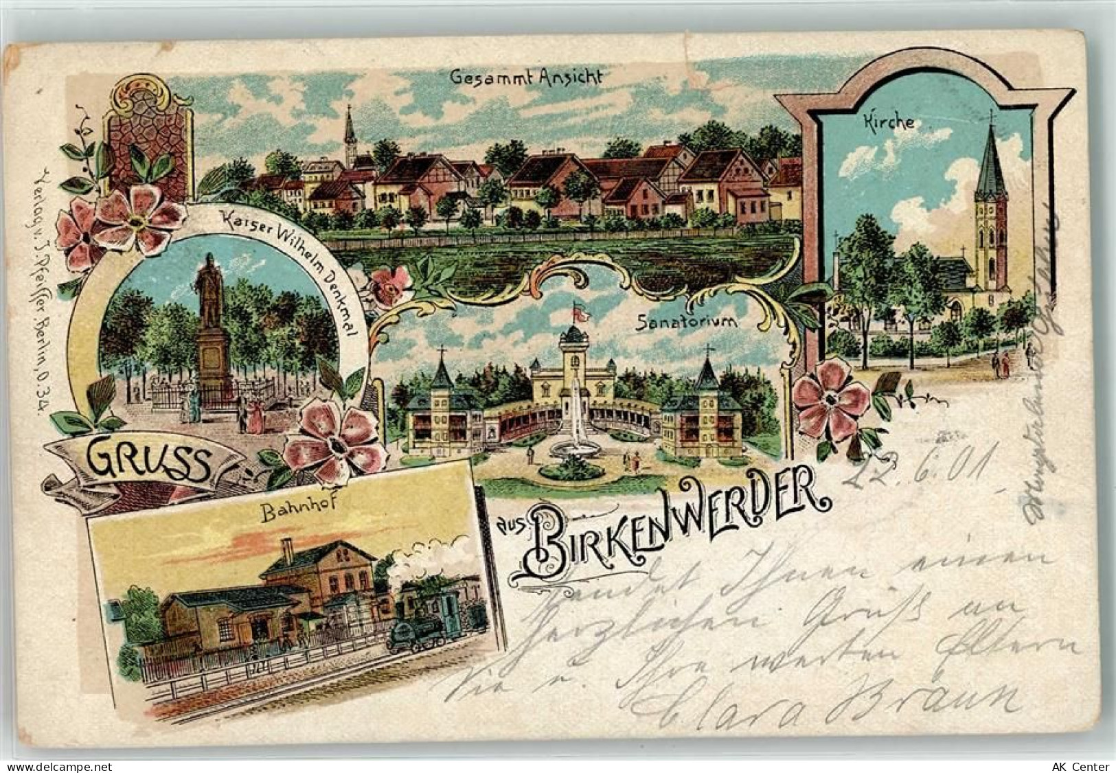 16547 O1403 Birkenwerder 1901 Lithographie Kaiser Wilhelm Denkmal Bahnho... - 13610384