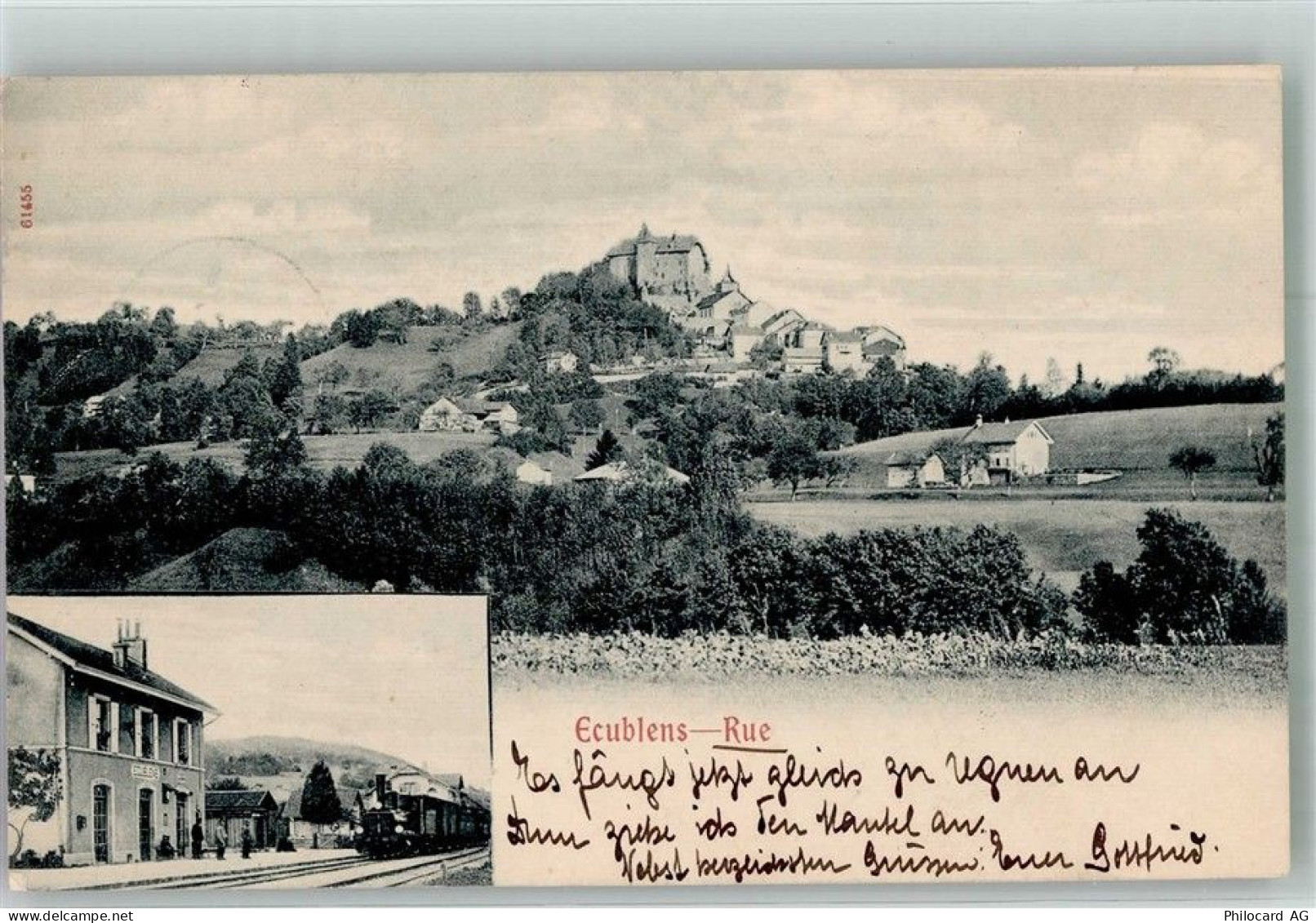 1673 Ecublens FR 1903 Foto AK Bahnhof Eisenbahn Burg Stempel v. II. Schi... - 13597802