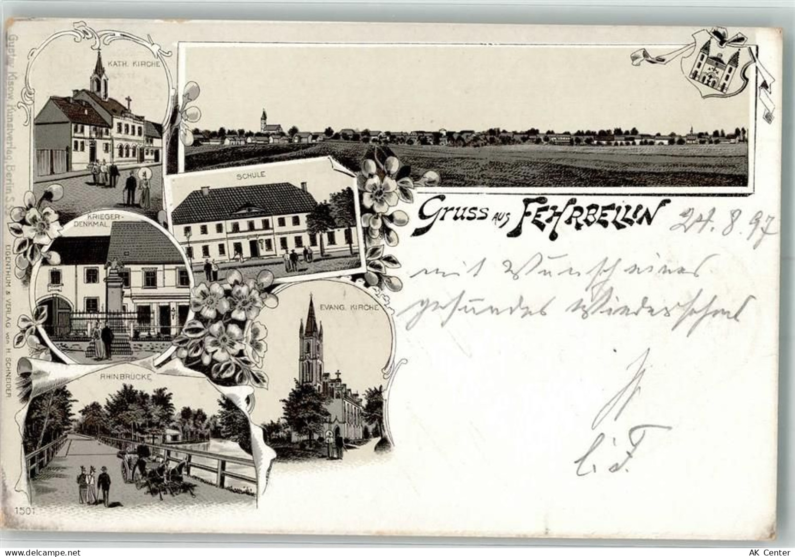 16818 O1950 Fehrbellin 1897 Lithographie Kriegerdenkmal Rhinbrücke Kath.... - 13520518