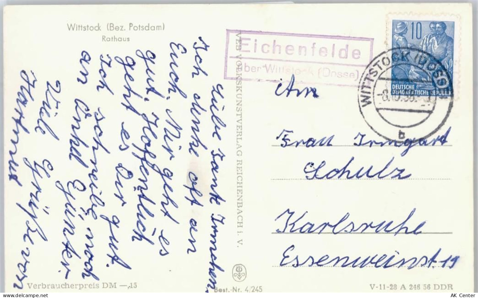 16837 O1951 Wittstock , Dosse - Landpoststempel Eichenfelde - 50658246