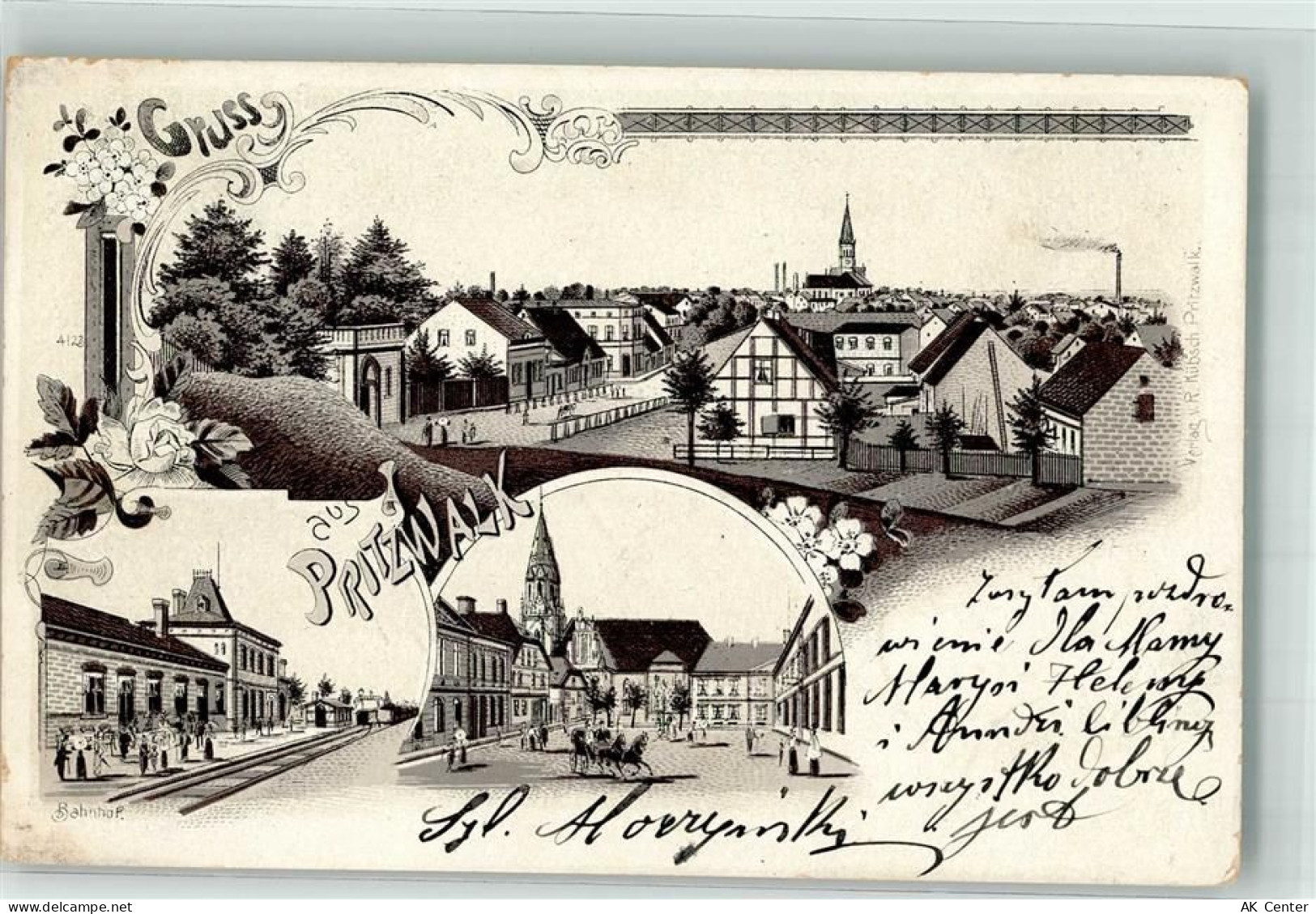 16928 O1920 Pritzwalk 1901 Lithographie Bahnhof Marktplatz - 13632541