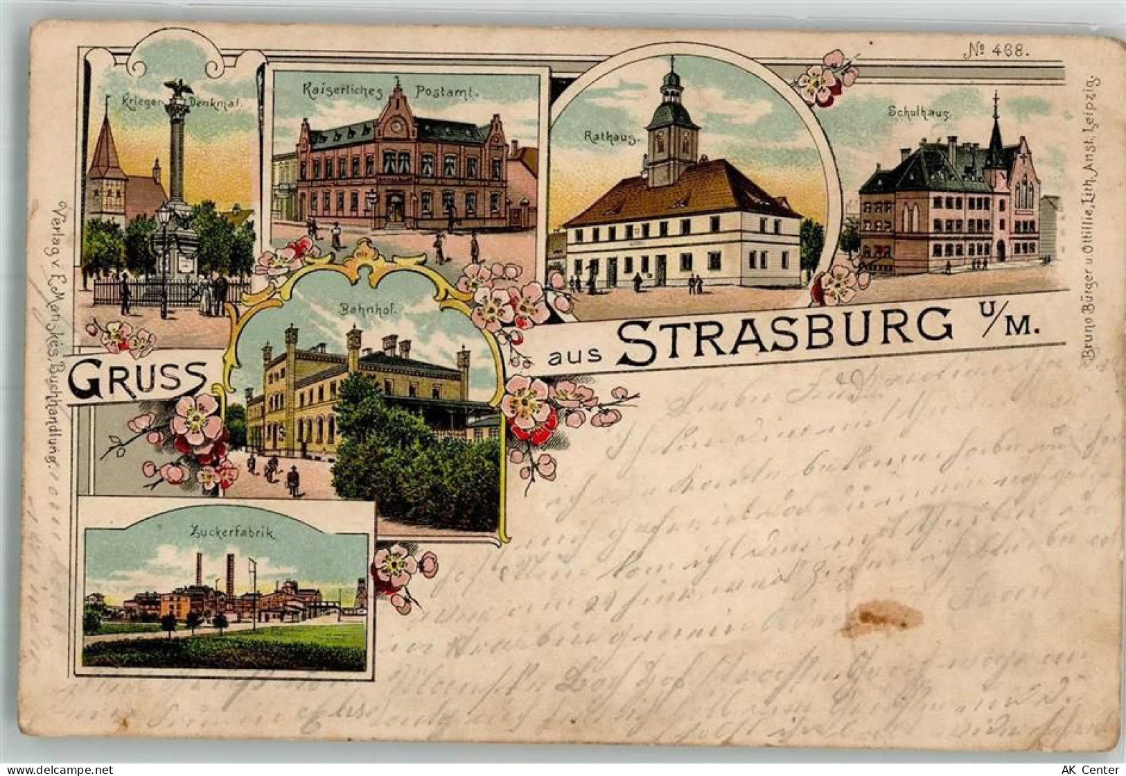 17335 O2150 Strasburg 1899 Lithographie Kriegerdenkmal Rathaus Schule Ka... - 13645622
