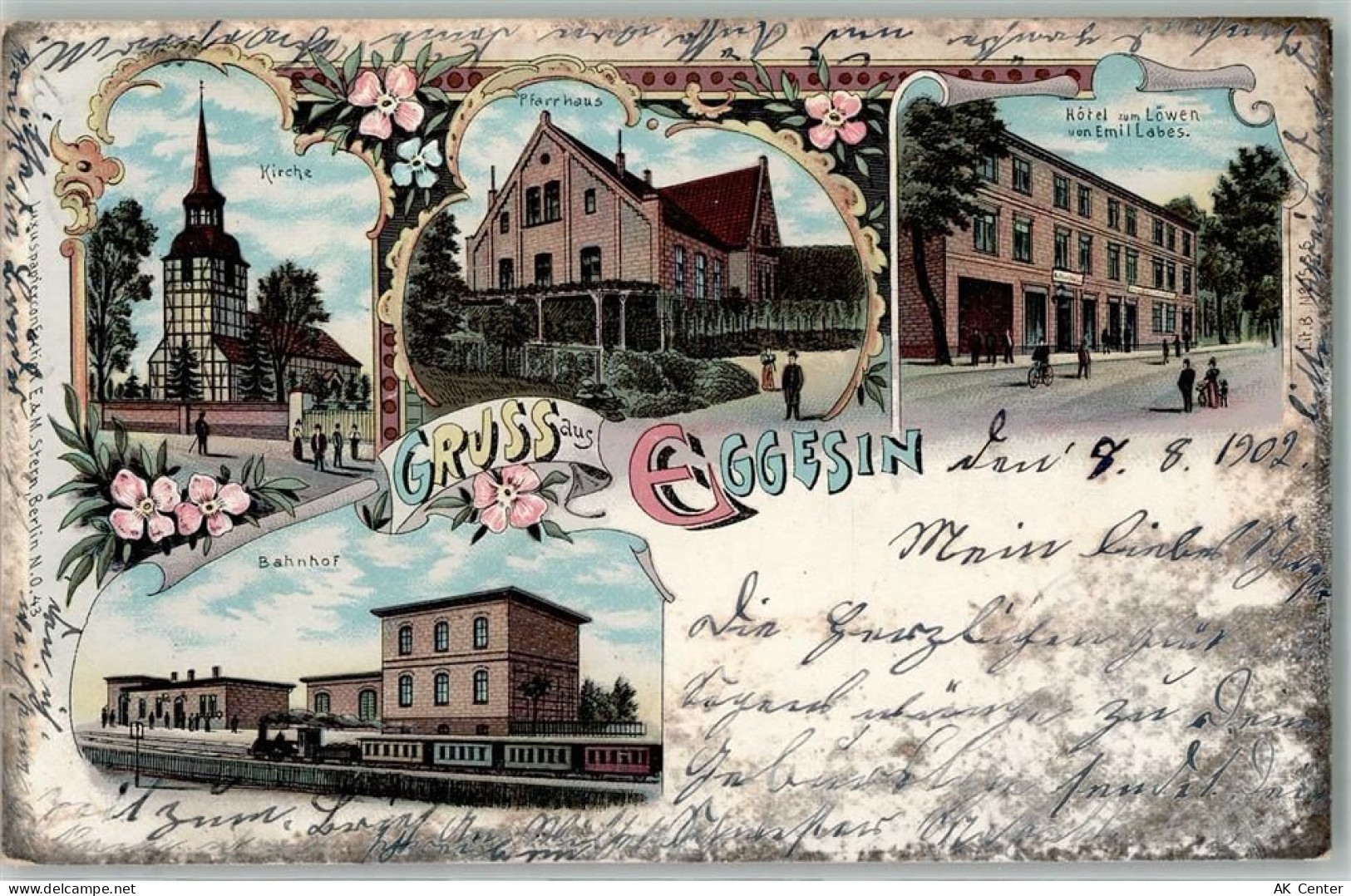 17367 O2112 Eggesin 1902 Lithographie Kirche Pfarrhaus Hotel Zum Löwen E... - 13605345