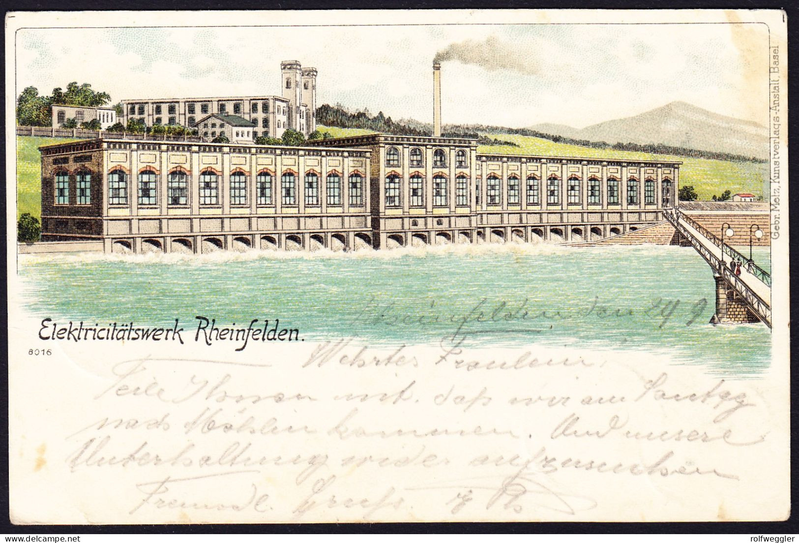 1898 Elektrizitätswerk in Rheinfelden, gelaufene Litho AK, gestempelt RHEINFELDEN, Deutschland nach Möhlin mit Schweiz.