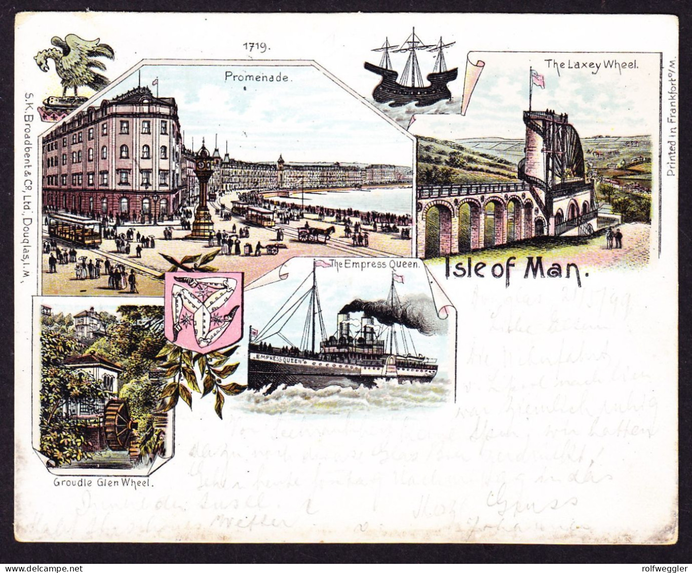 1899 gelaufene Litho AK, 5 bildrig mit Dampfschiff, gestempelt DOUGLAS ISLE OF MAN. Minim fleckig
