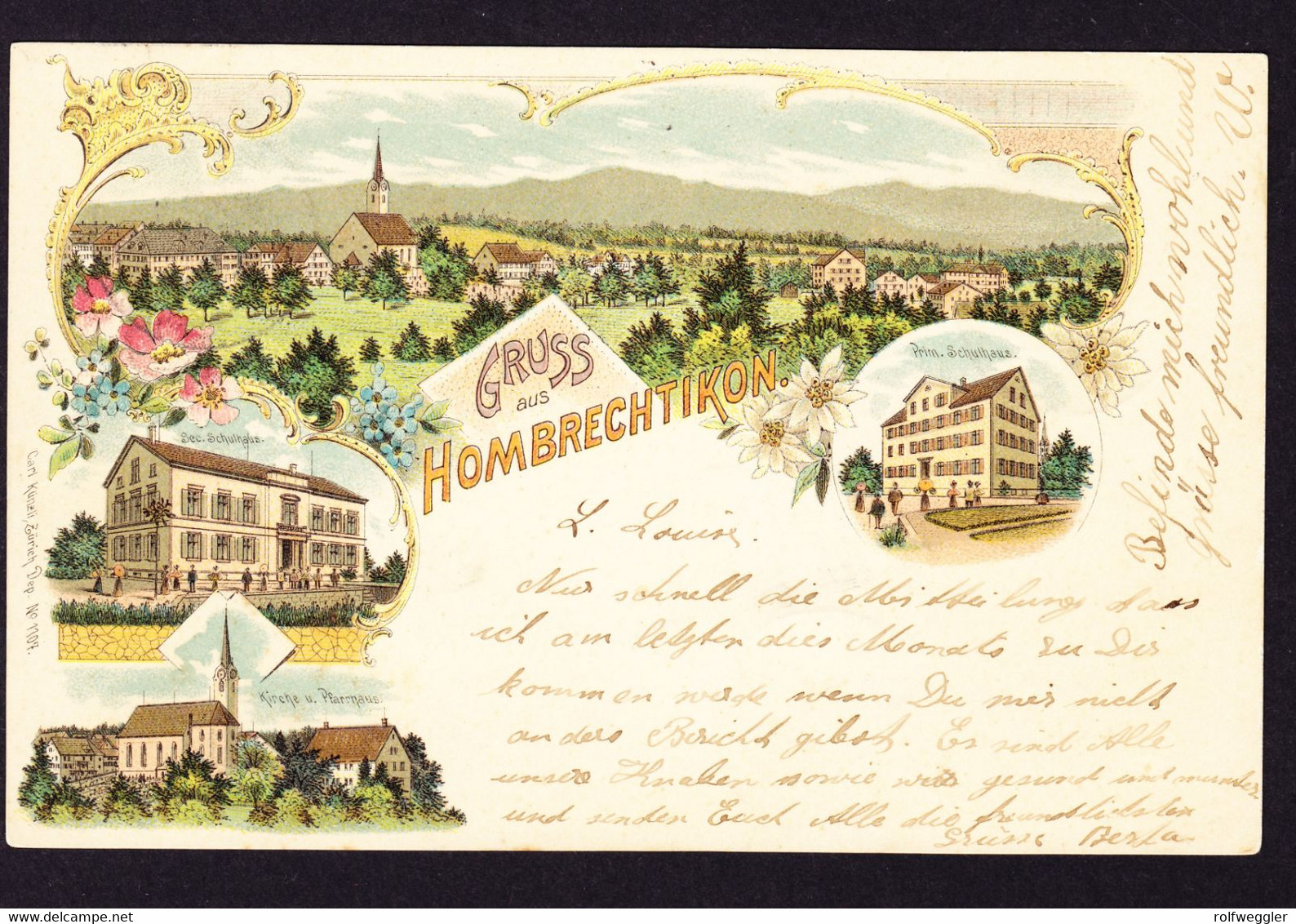 1899 Gruss aus Hombrechtikon. Gelaufene Litho AK, 4 bildrig. Gestempelt Hombrechtikon nach Küsnacht