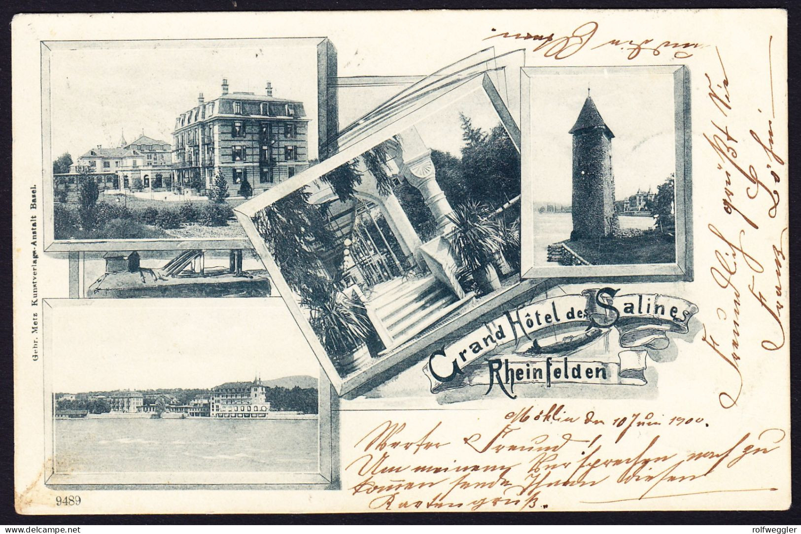 1900 gelaufene AK, 4 bildrig, Grand Hotel des Saline in Rheinfelden. Gestempelt MÖHLIN.
