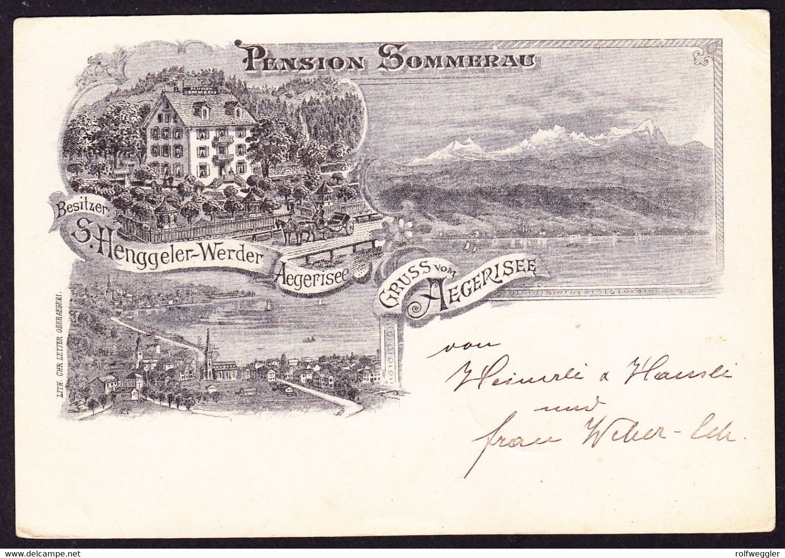 1900 gelaufene Litho AK: Gruss vom Ägerisee, Pension Sommerau. 3 bildrig. Rückseitig unfrische Stelle oben rechts