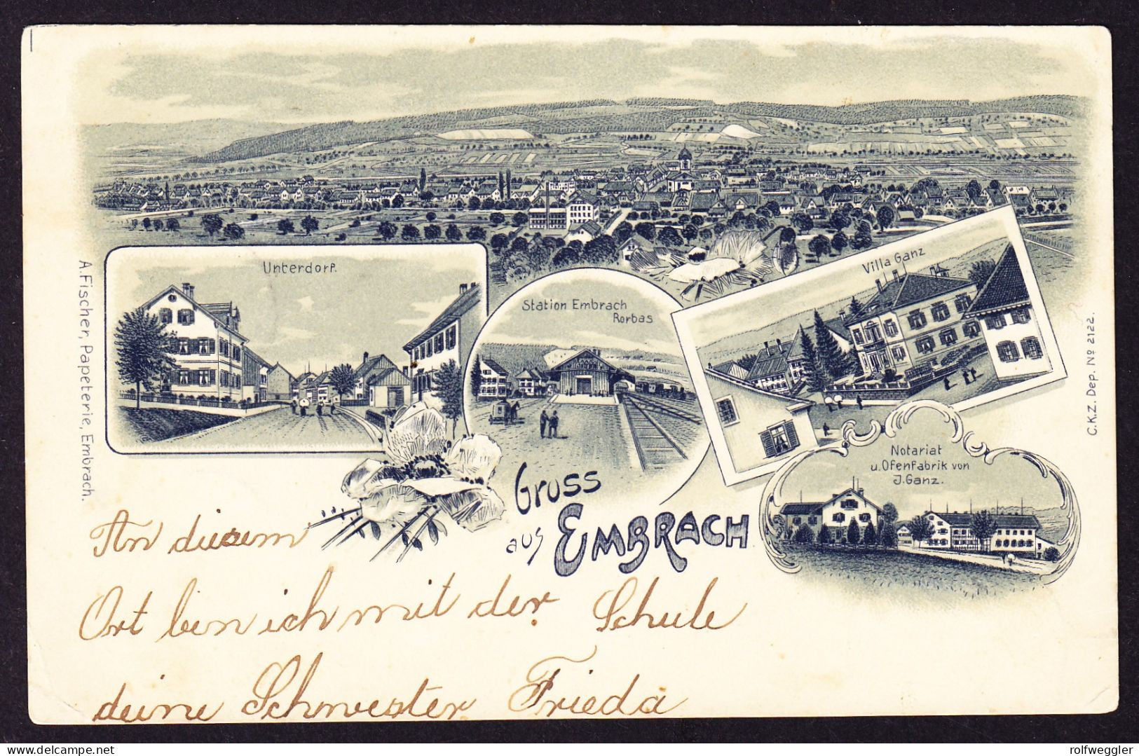 1900 Nach Finnland gelaufene Litho AK: Gruss aus Embrach. 5 bildrig mit Bahnhof. Marken abgelöst.