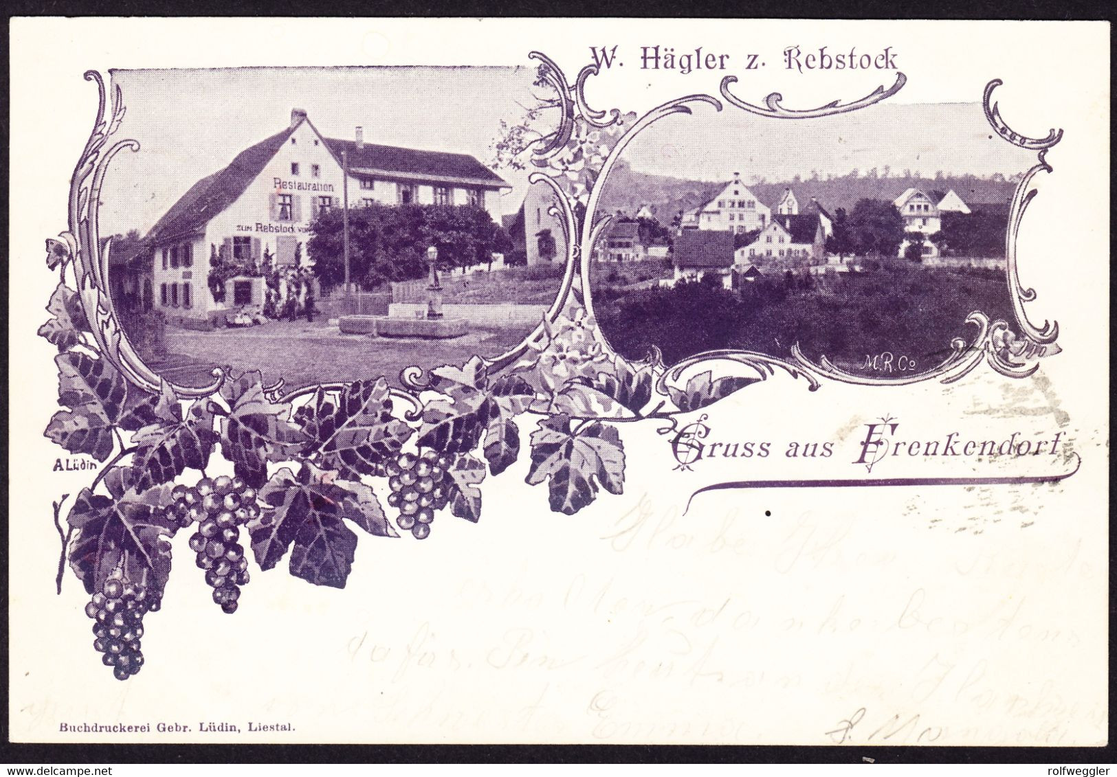 1901 gelaufene AK, Gruss aus Frenkendorf, Restauration zum Rebstock. Stempel Niederschönthal-Frenkendorf.