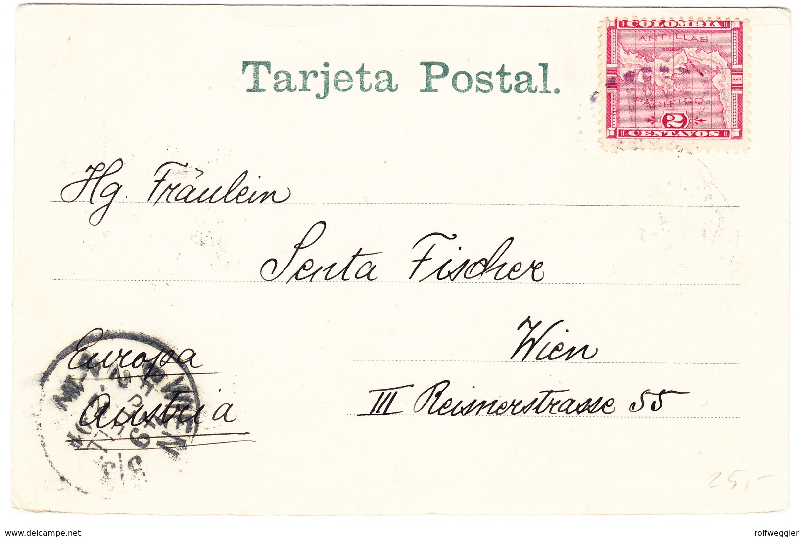 1901 Gelaufene Ansichtskarte aus Colon; frankiert mit 2cent Marke aus Kolumbien nach Wien