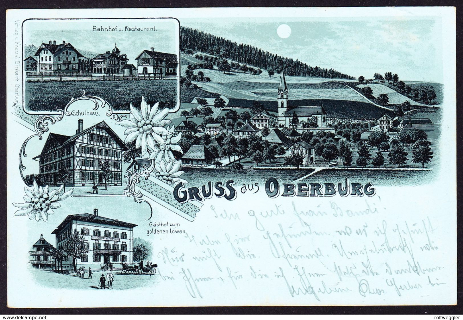 1901 Mondschein Litho AK: Gruss aus Oberburg. 4 bildrig. Mit Bahnhof, Schulhaus, Gasthaus zum Goldenen Löwen. Rückseitig