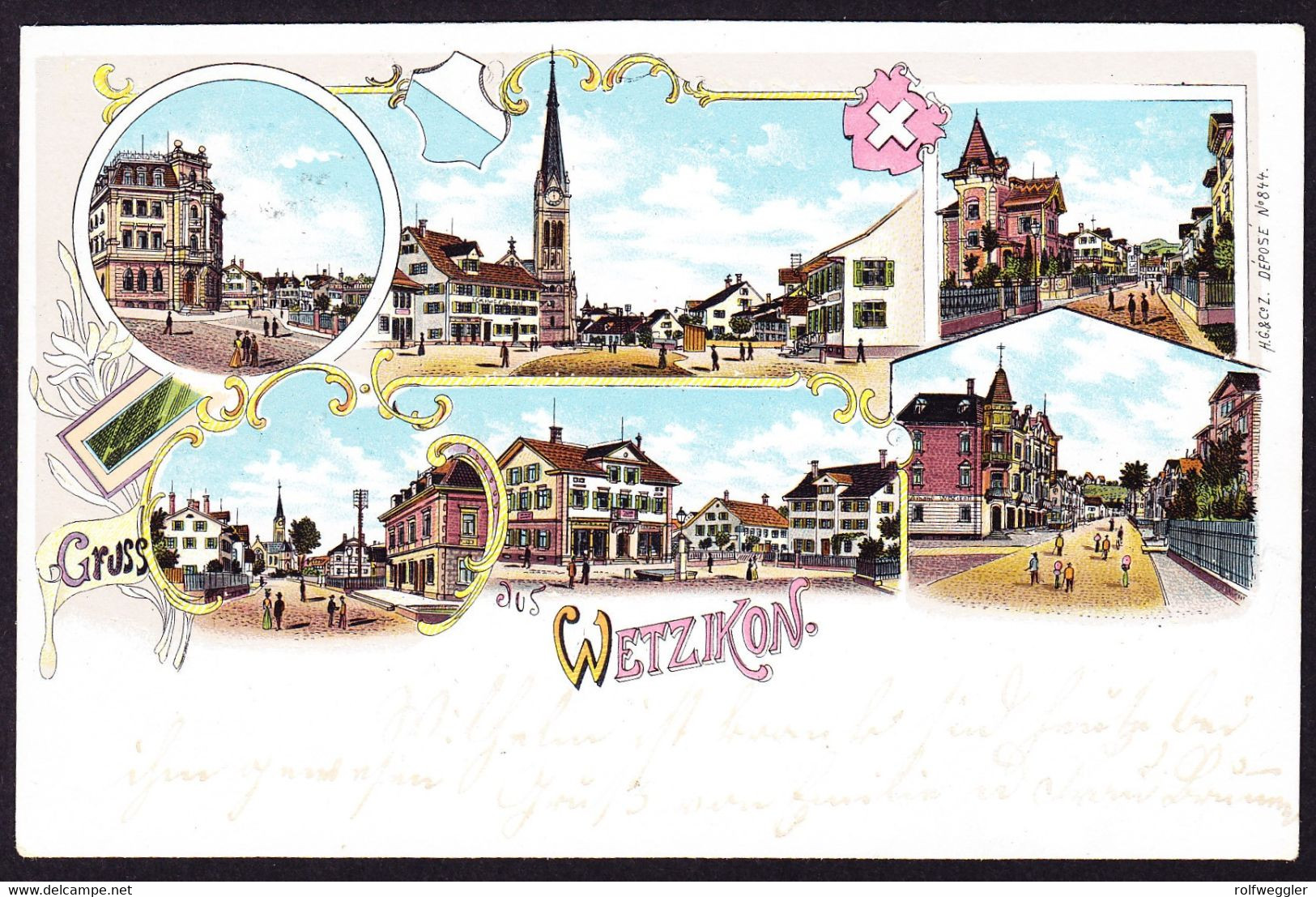 1902  6 bildrige Litho AK: Gruss aus Wetzikon nach Hombrechtikon.