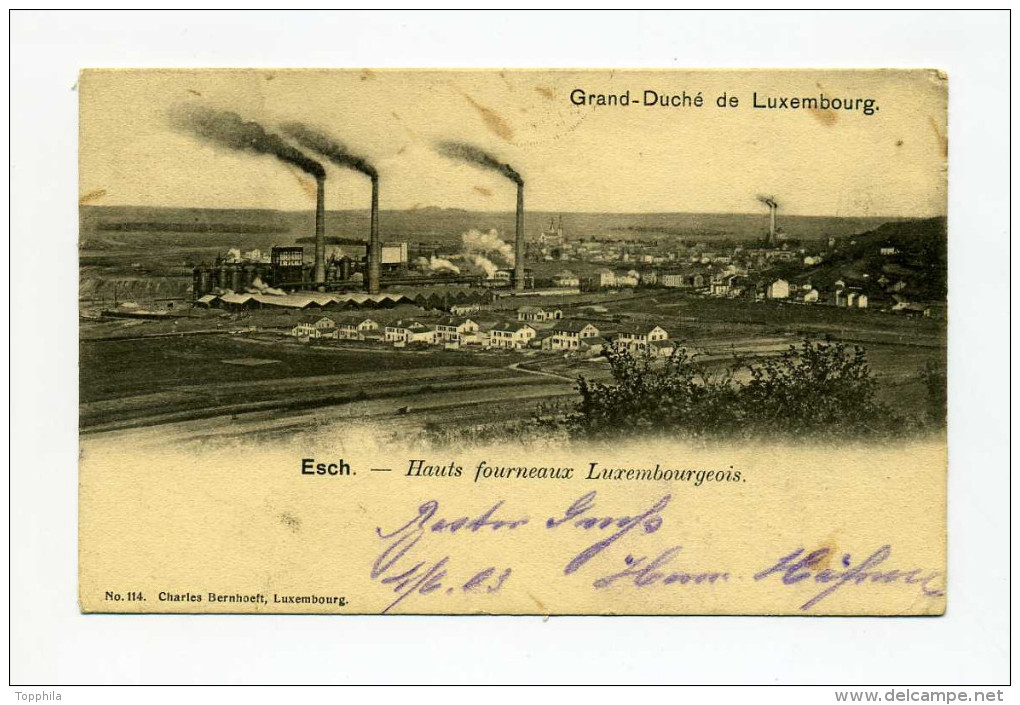 1903 Luxemburg frankierte Ansichtskarte  Esch Hauts fourneaux Hochöfen