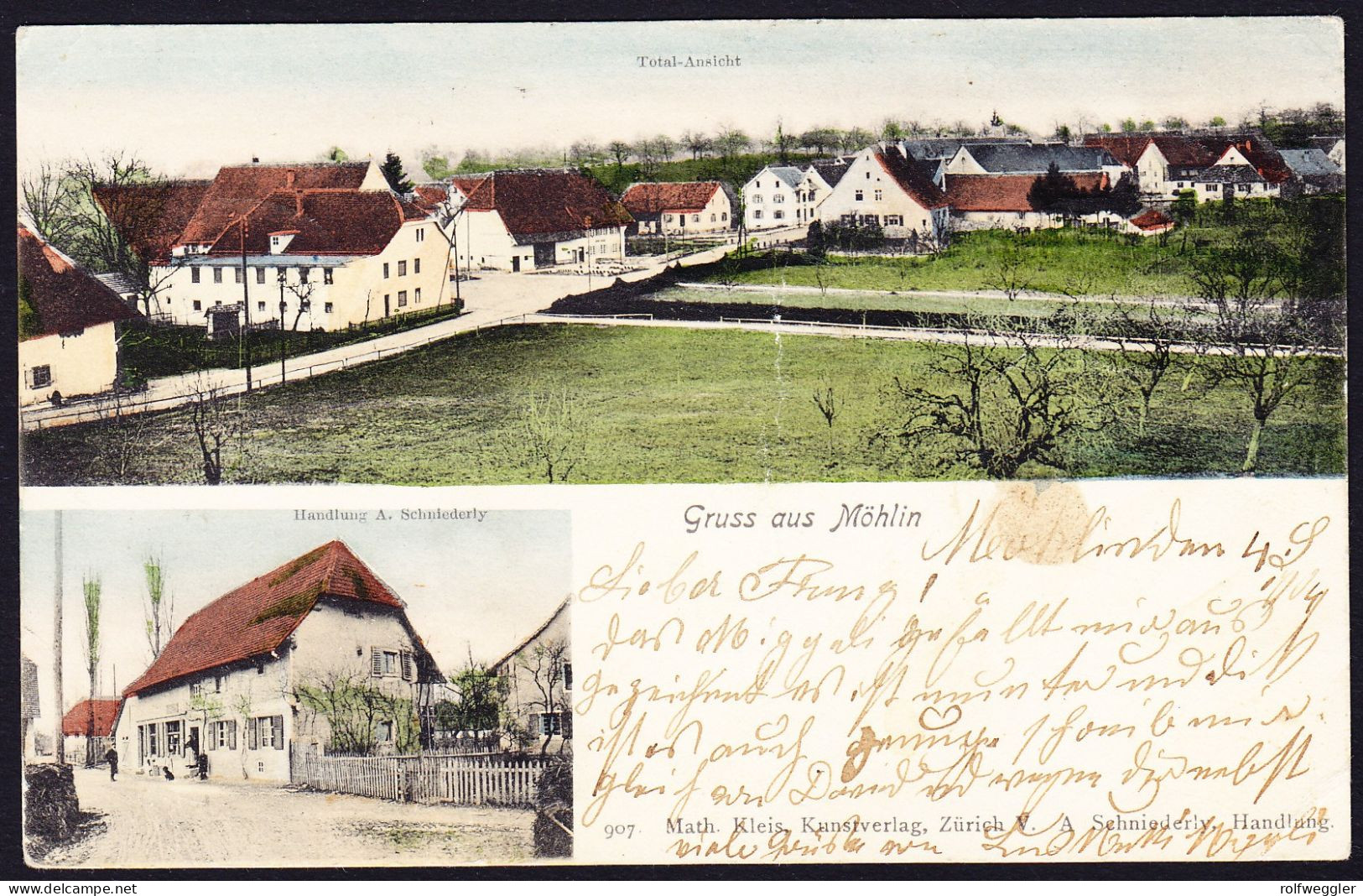 1904 GRUSS AUS MÖHLIN. Gelaufene AK. Leichter Bug in der Mitte und Fleck.