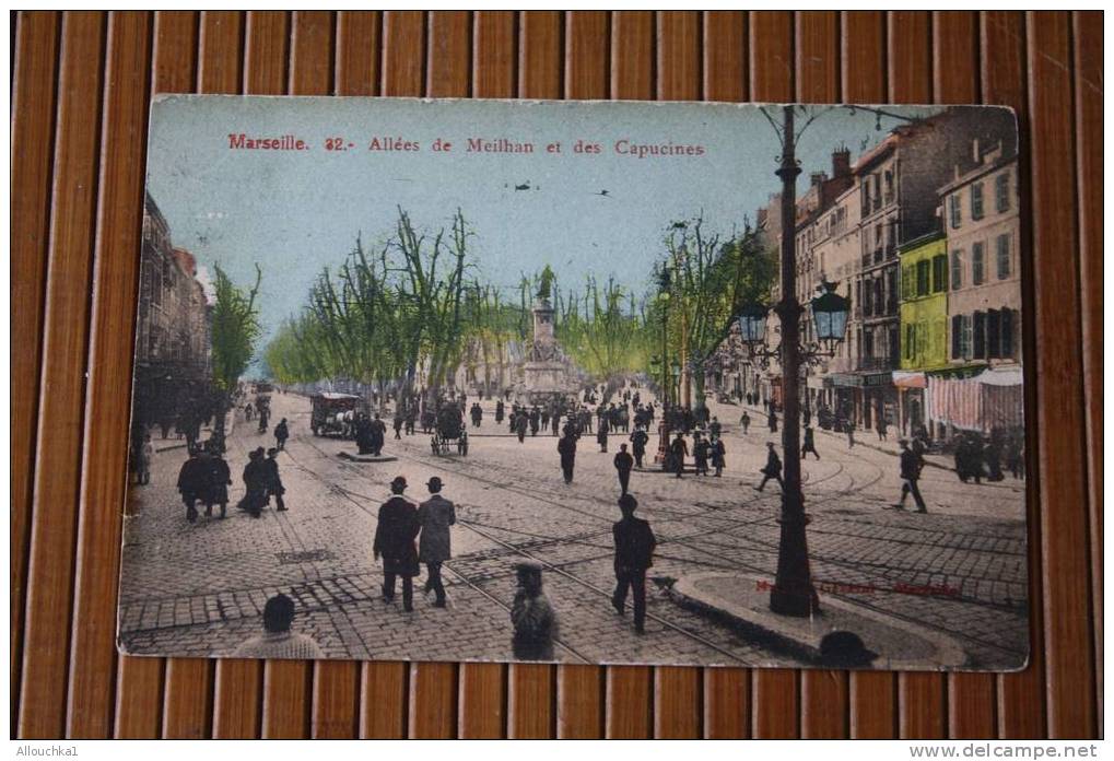 1906  CPA MARSEILLE ALLEES DE MEILHAN & CAPUCINES  TRES ANIMEE CHARRETTE DEVANT DE COMMERCE COIFFEUR BAR P/ BRUXELLES