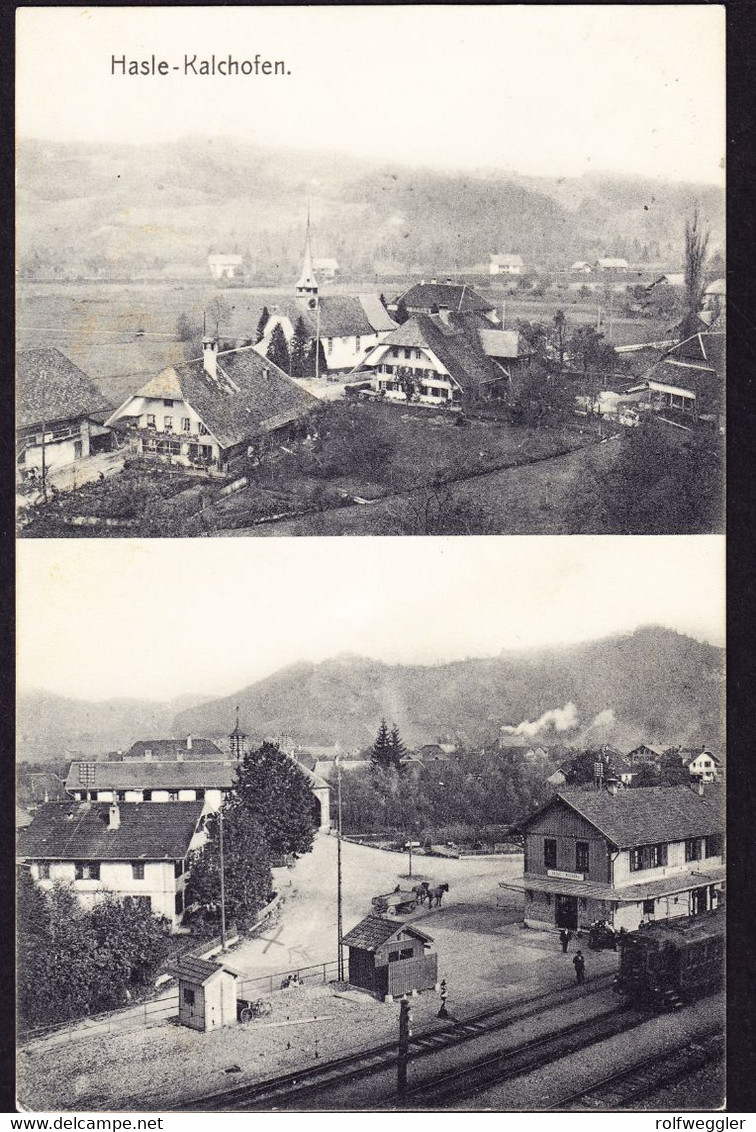 1909 gelaufene AK aus Hasle-Kalchofen, 2 bildrig, minim knittrig.