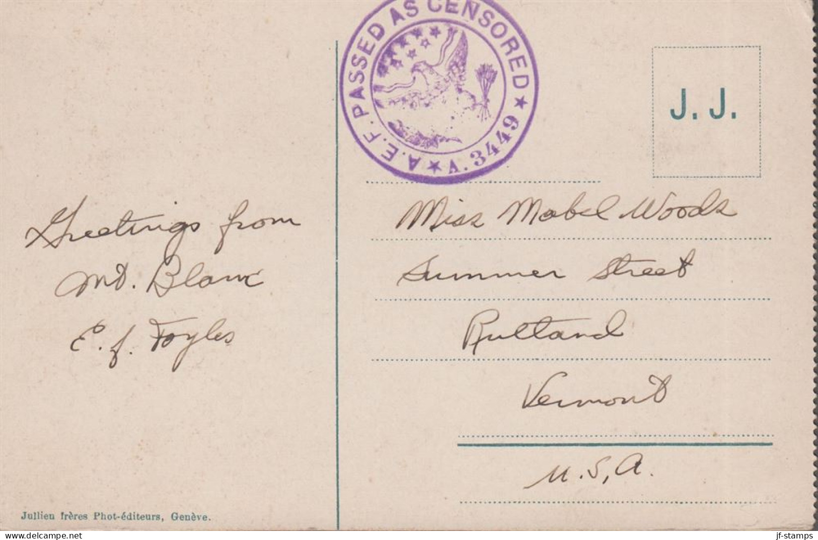 1918. USA. Interesting postcard (Chamonix. Traverse du Glacier des Bossons) to Postland, Vermont, USA with... - JF539533
