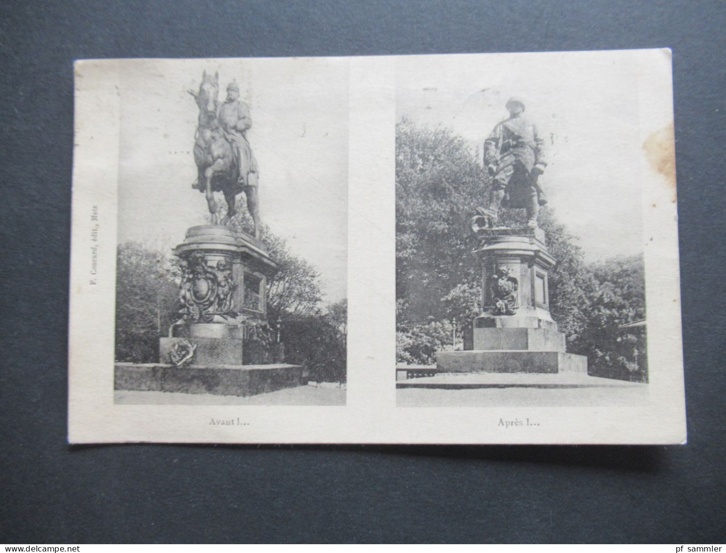 1920er Jahre AK Frankreich / Deutsches Reich AK mit Statuen Avant / Apres Stempel Metz (Elsass) par Lauterbourg