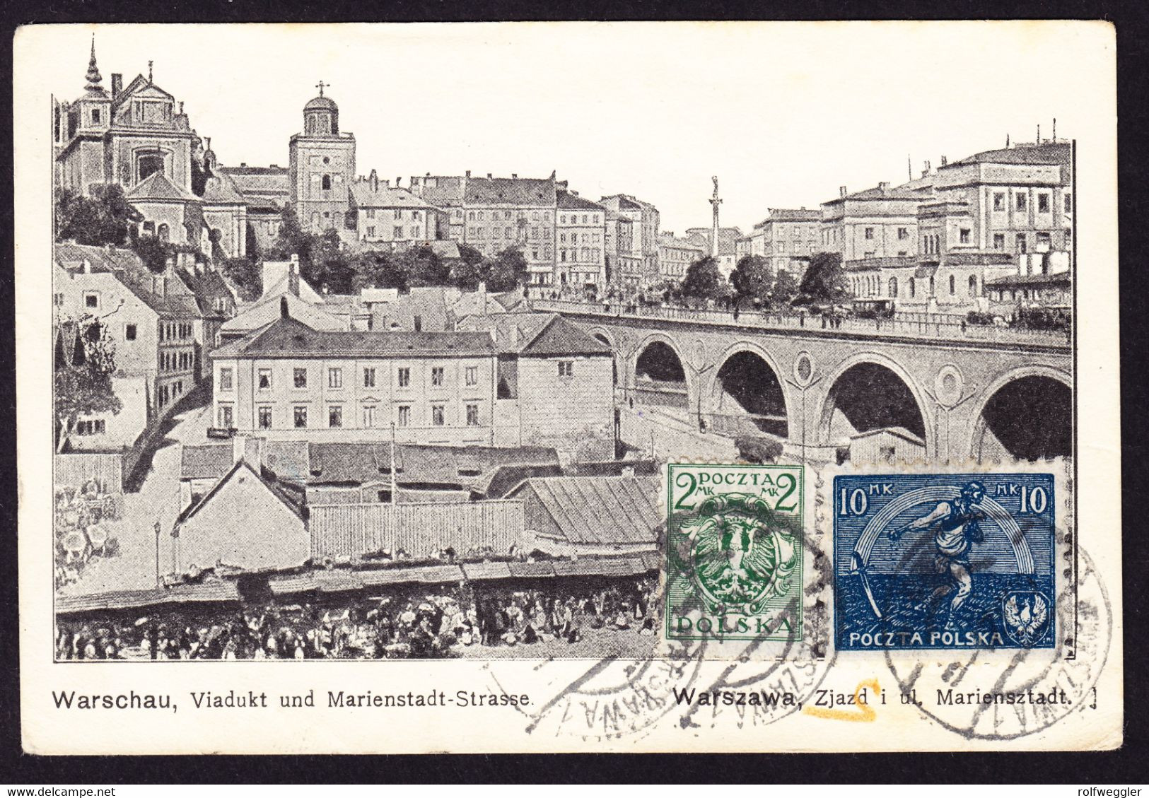 1921 gelaufene AK aus Warschau. Viadukt und Marienstadt Strasse. AK Tauschanfrage nach Tamins. 1 Marke fehlt.