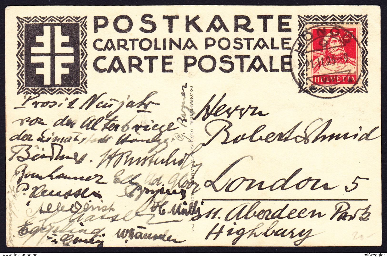 1923 gelaufene AK der Alters Riege in Höngg nach London. Der Kunstturner.