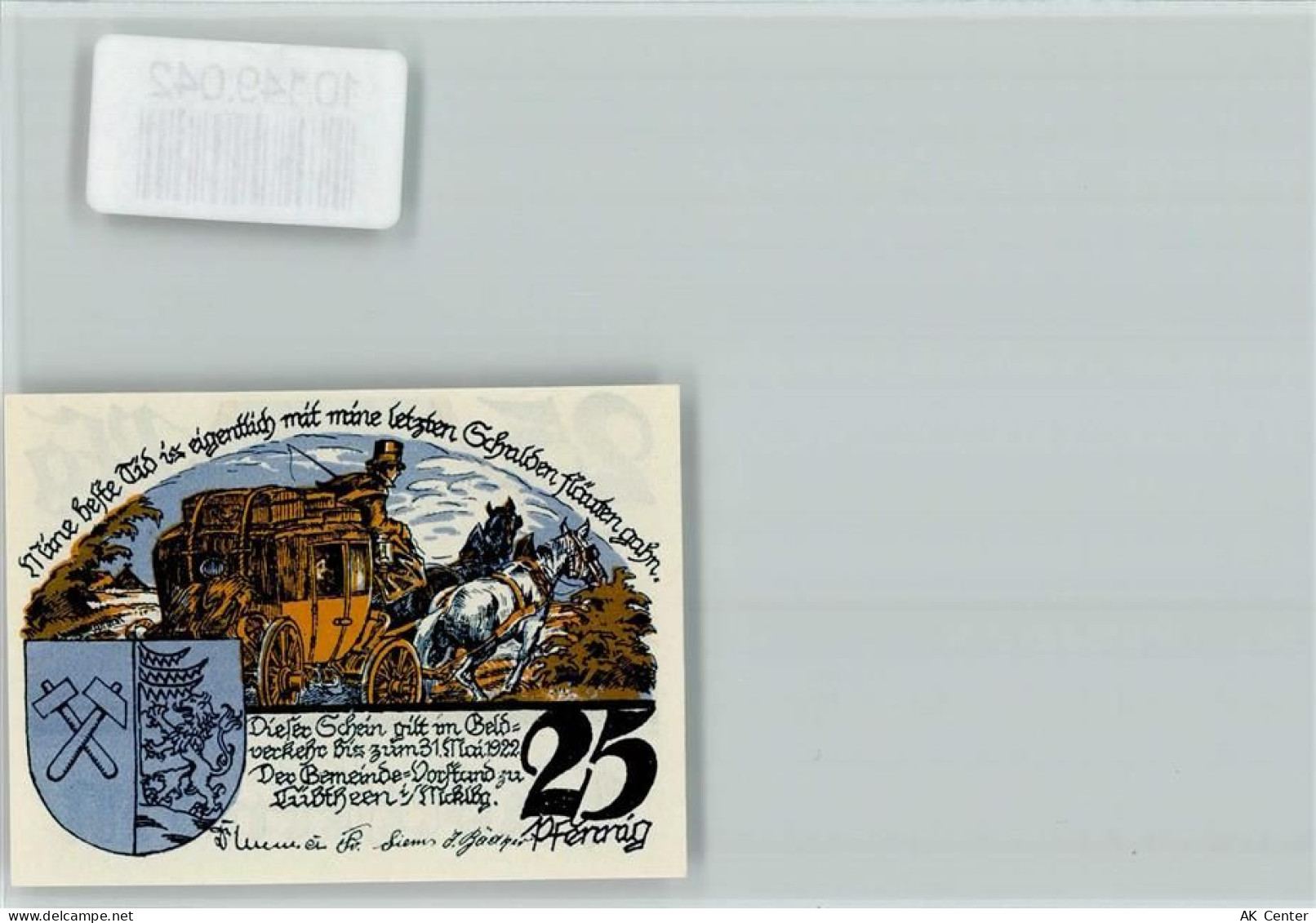 19230 O2821 Lübtheen - Notgeldschein 25 Pfennig Reutergeld Postkutsche W... - 10149042