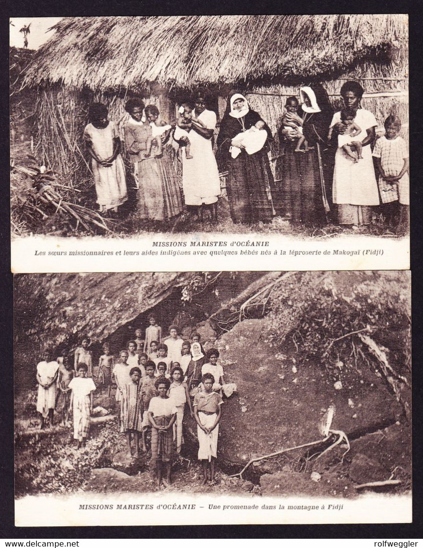 1935  2 ungelaufene AKs mit viel Text, Missionare in Fidschi. 1x Makogai