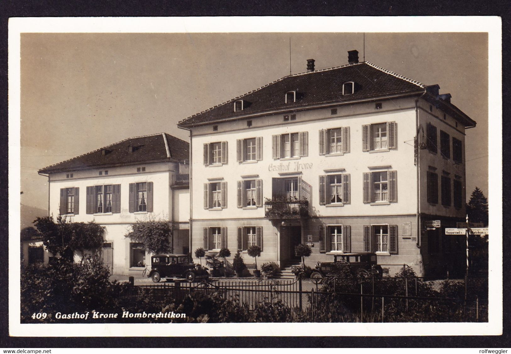 1935 Gasthof Krone mit Autos, gestempelte AK Hombrechtikon