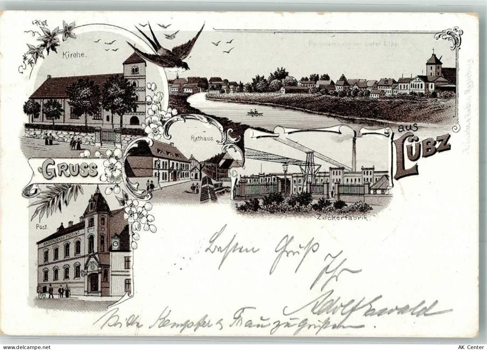 19386 O2860 Lübz 1898 Lithographie Möwe Post Kirche Rathaus Zuckerfabrik... - 13654106