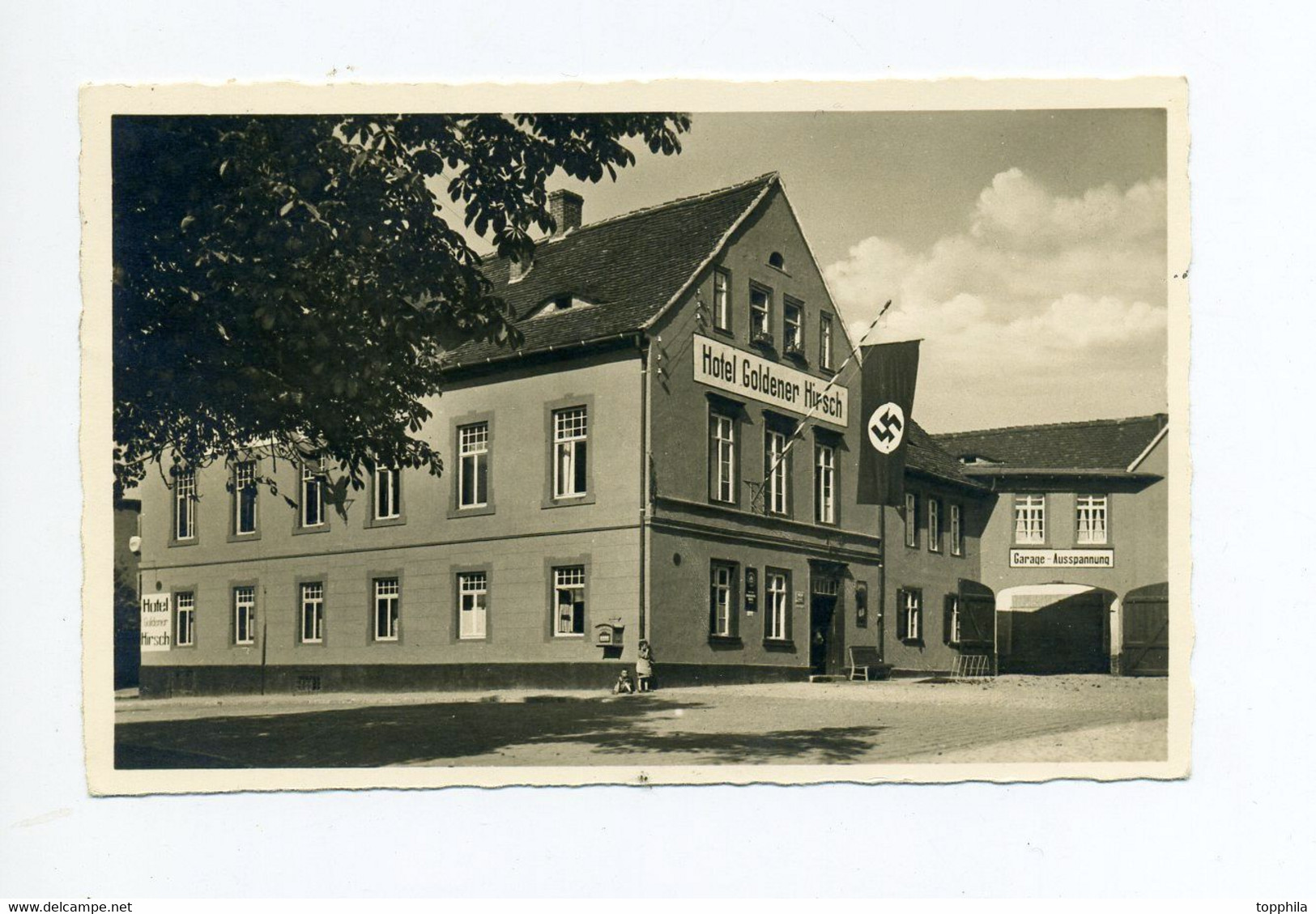 1941 3. Reich Photokarte Hotel goldener Hirsch Roßleben mit Hakenkreuzfahne, gelaufen