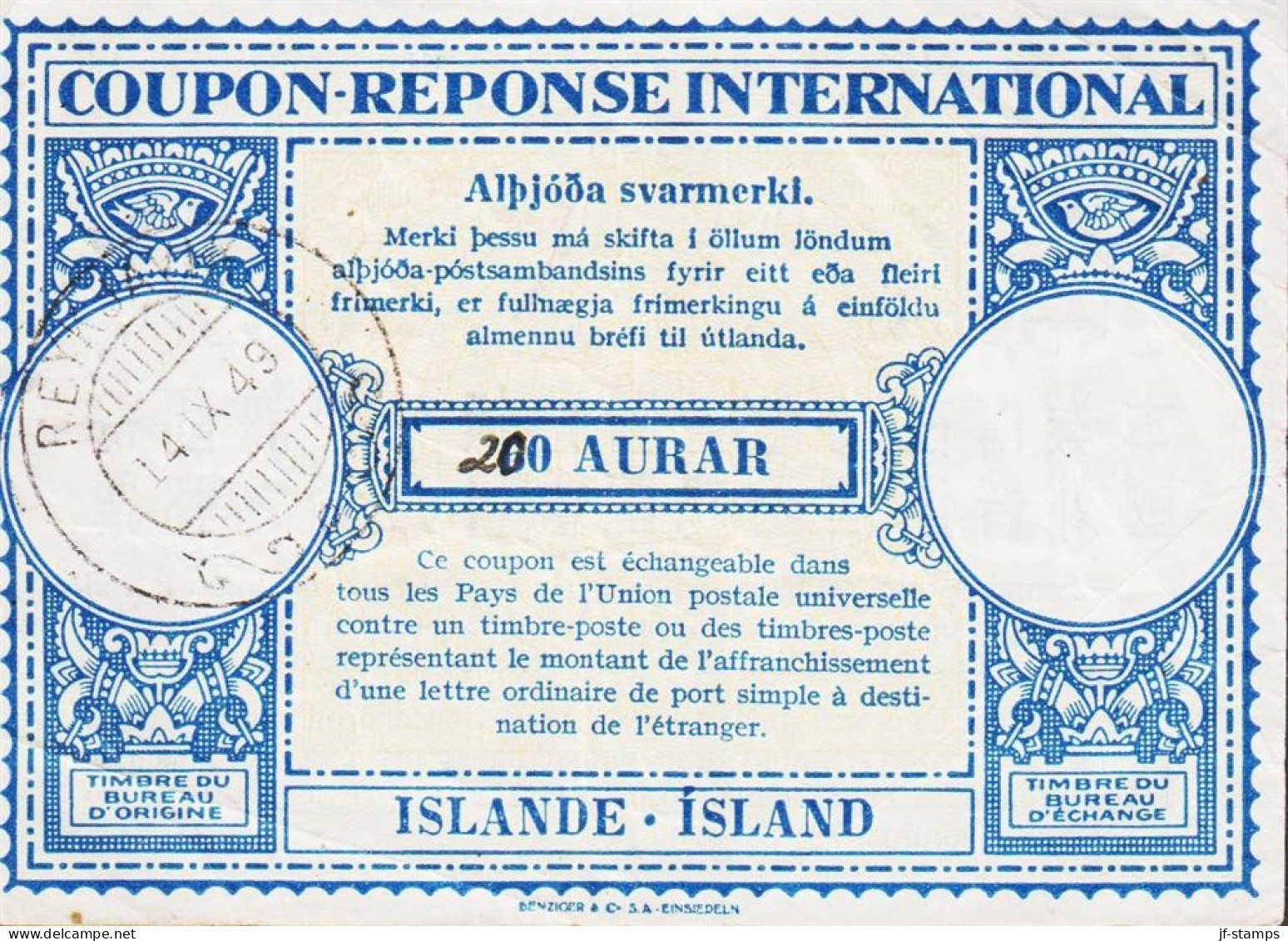 1949. ISLAND. COUPON-RESPONSE INTERNATIONAL 200 manuscript overprint on 60 AURAR ISLANDE - ISLAND (folds) ... - JF550017