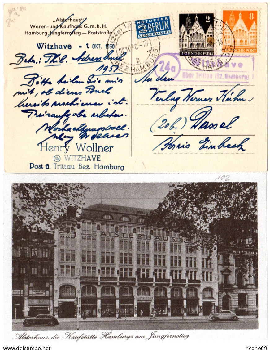 1950, Landpost Stpl. 24a WITZHAVE über Trittau auf Hamburg Alsterhaus AK