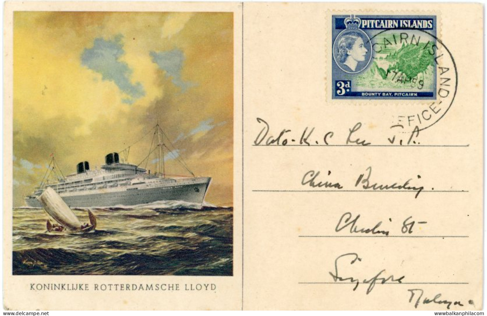 1959 Pitcairn Island Royal Rotterdam Lloyd card to Singapore
