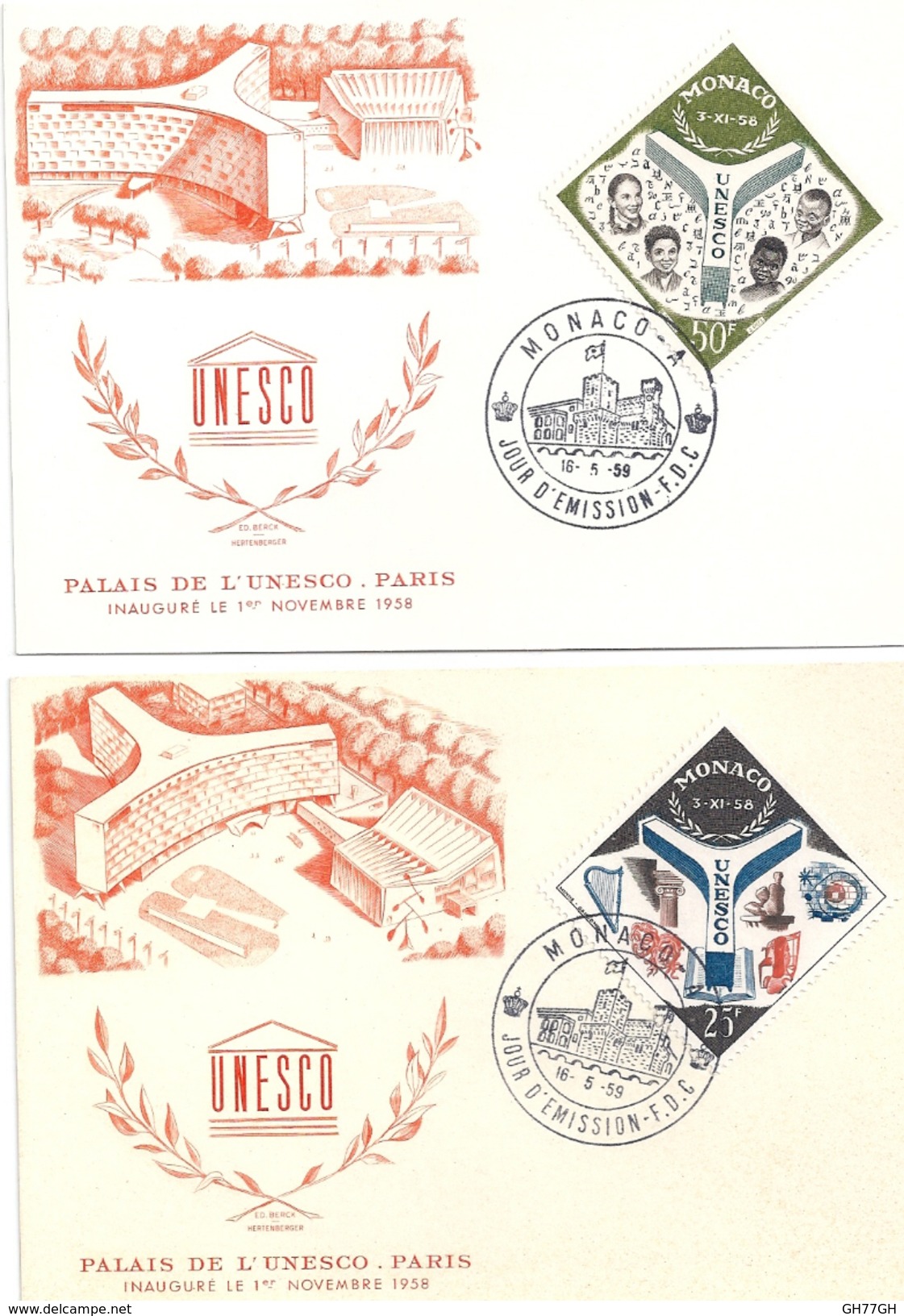 2 CPA TIMBRES MONACO UNESCO PREMIER JOUR 1959