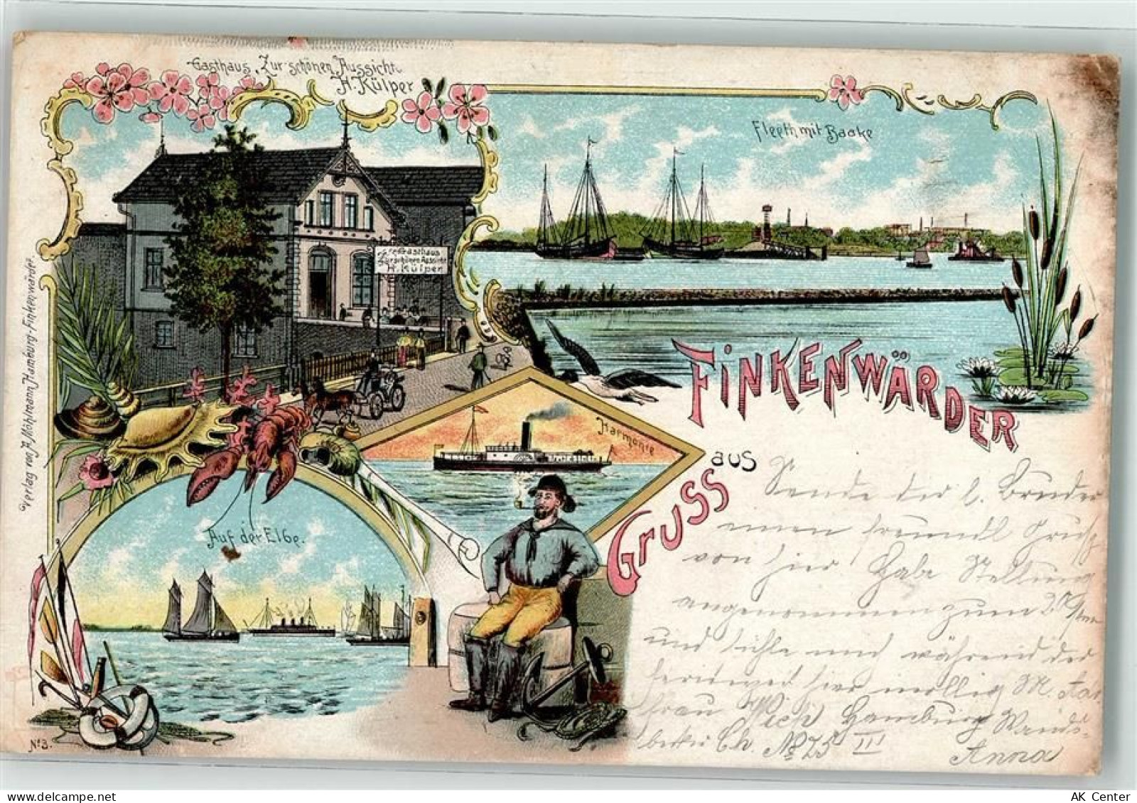 20095 W2000 Finkenwerder 1901 Lithographie Elbe Segelschiffe Gasthaus zu... - 13627701