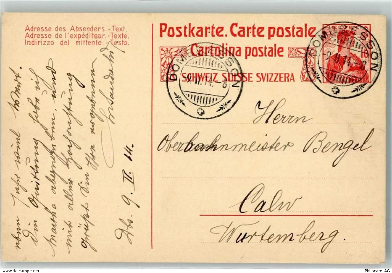 2056 Dombresson 1914 Ganzsache 10 Rappen - 39369804