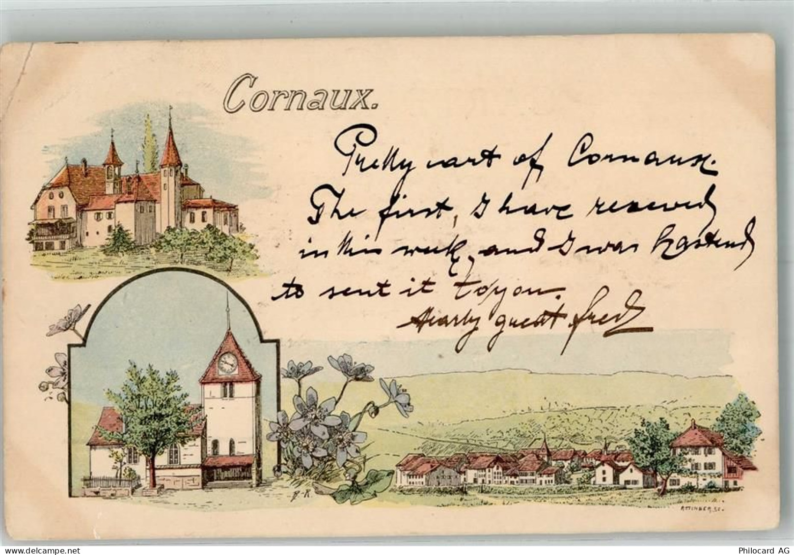 2087 Cornaux NE 1898 Gebrauchsspuren Kirche Lithographie - 13663416