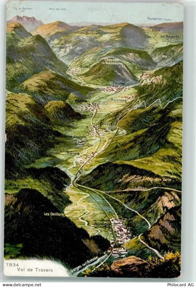 2105 Travers Lithographie Vogelschau Val de Travers - 39495713