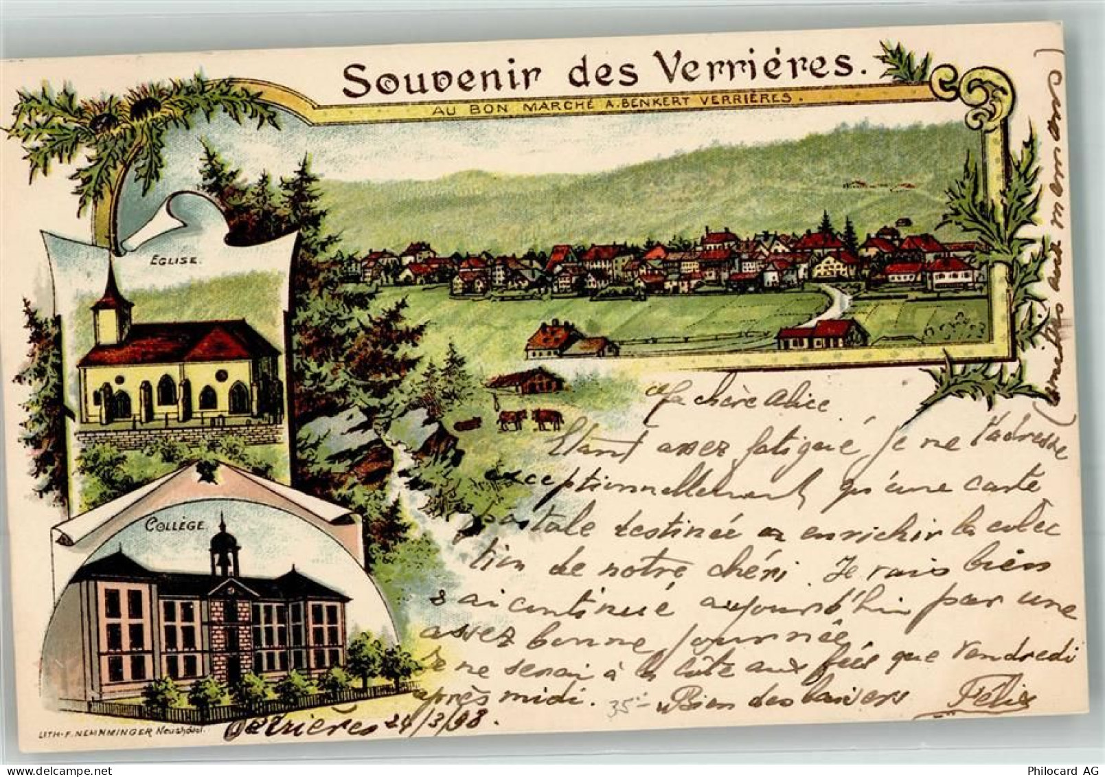 2126 Les Verrières 1899 Lithographie Kirche College - 13651013